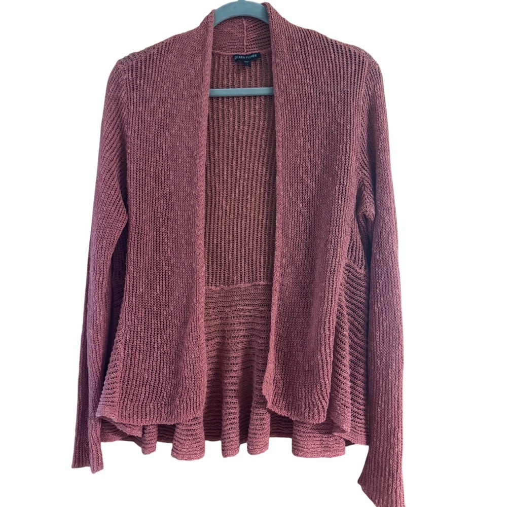 Eileen Fisher Open Front Cardigan Sweater Rose Pink Mesh Knit Peplum Small